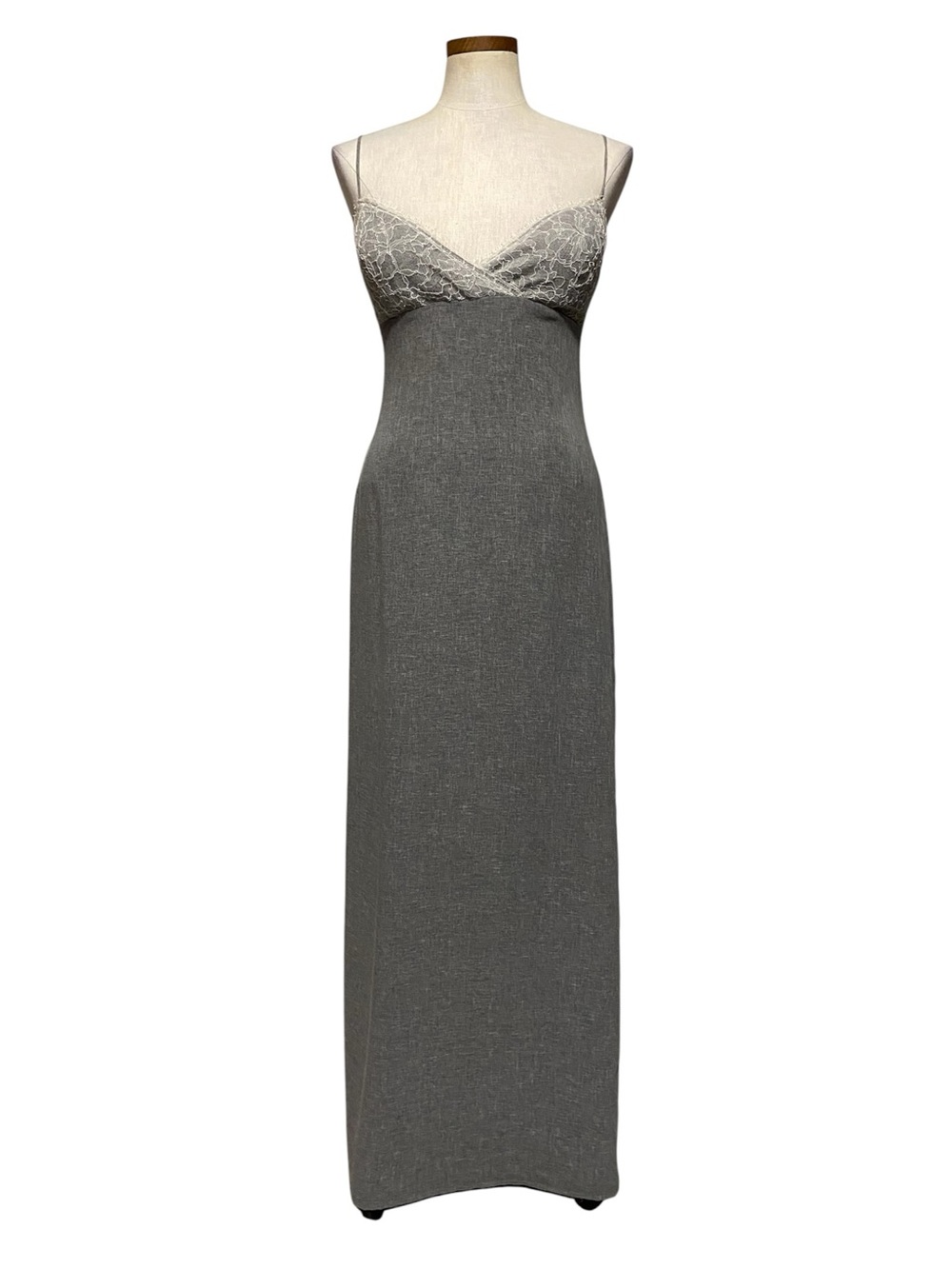 She by Sheri Bodell Grey Long Dress Lace Overlay M 90s Y2K Whimsigoth Minimalist